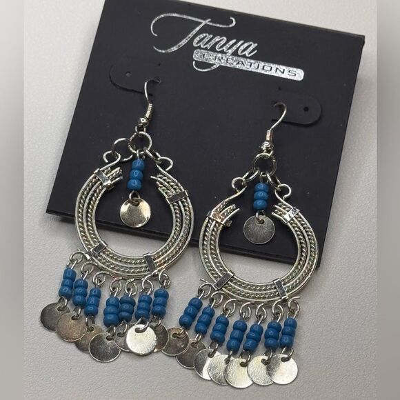 Bohemian Silver and Blue Dangle Hoop Earrings with Fringe 3 inch - Picture 1 of 6